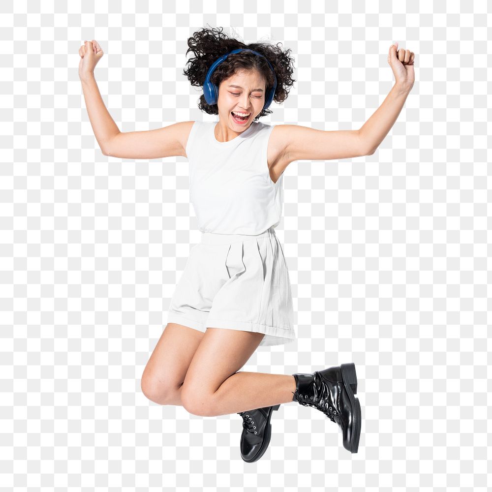 Jumping woman png sticker, listening to music, transparent background