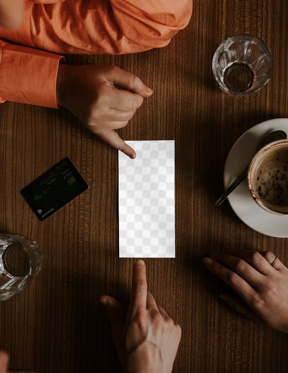 Paper png mockup, coffee table flat lay, transparent design