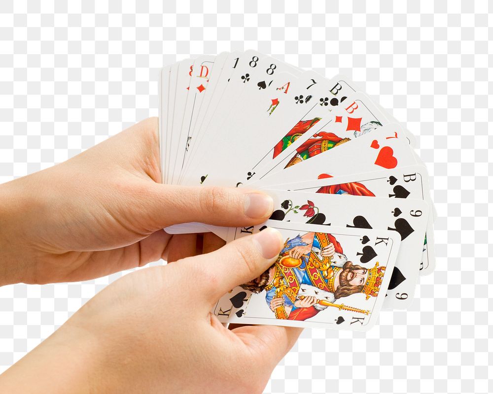 Hands holding playing cards png sticker, transparent background