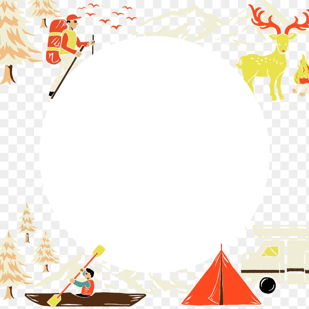 Camping site png illustration, circle frame, transparent background