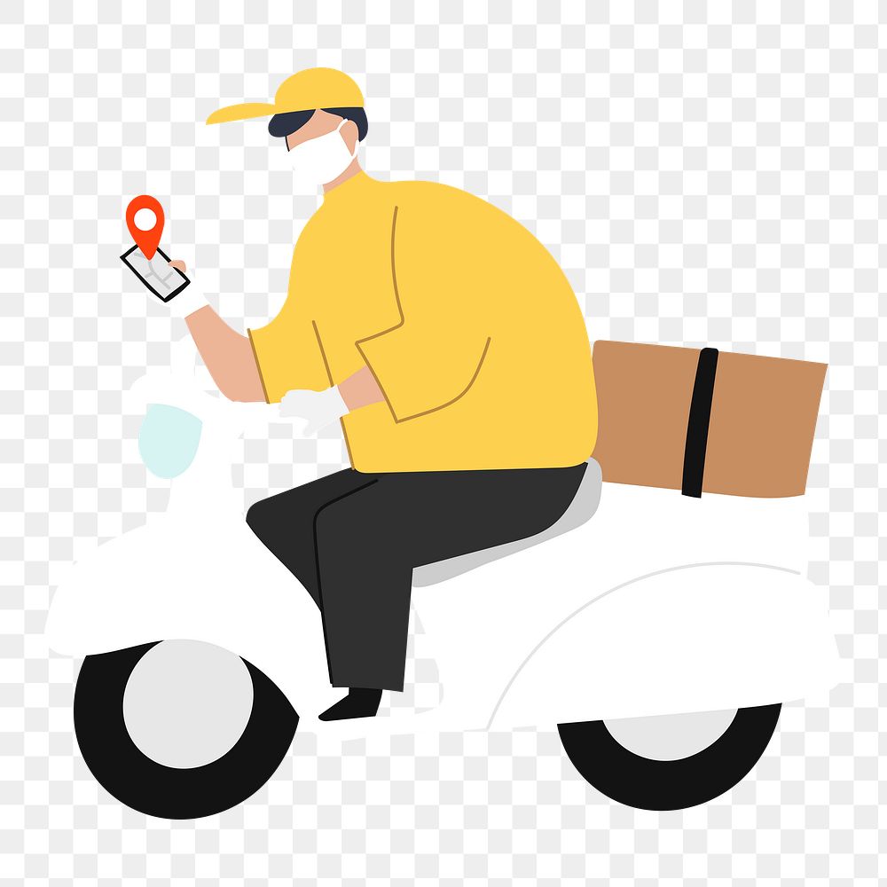 Food delivery man png driving to destination illustration, transparent background