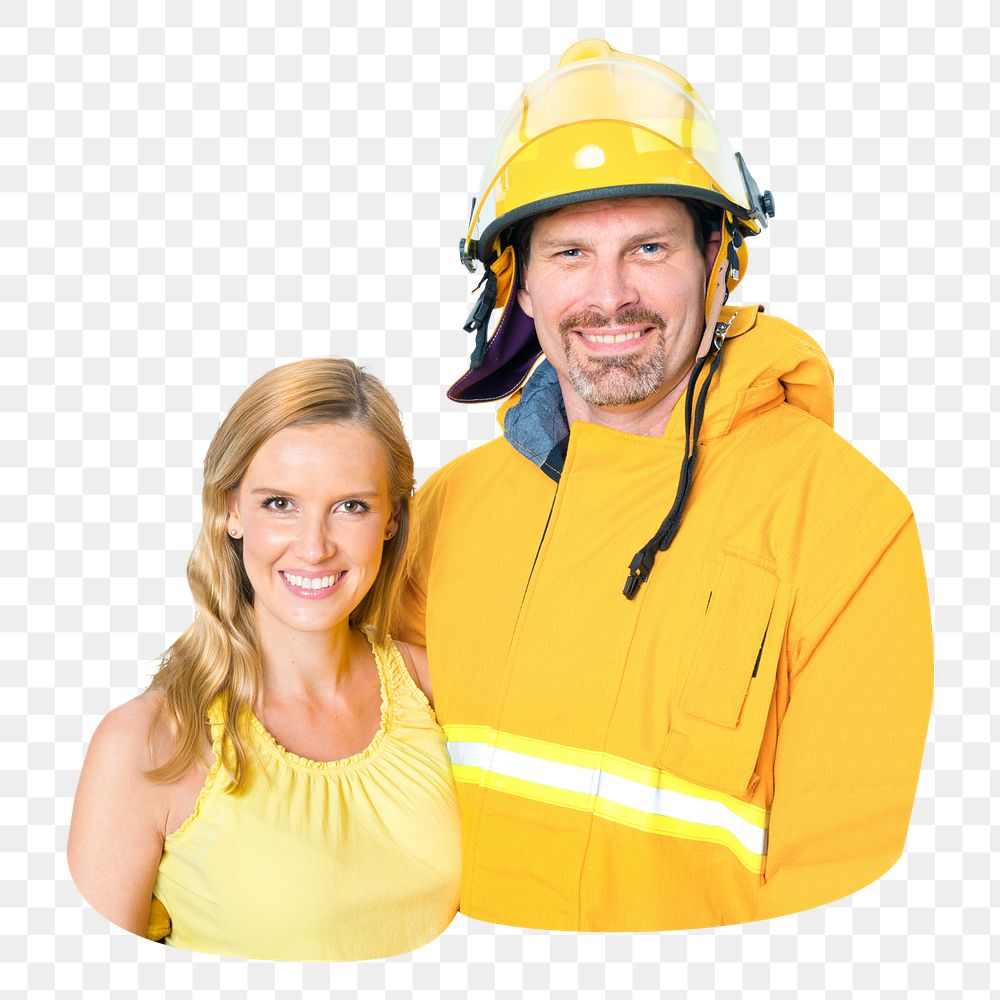 Png happy firefighter couple sticker, transparent background