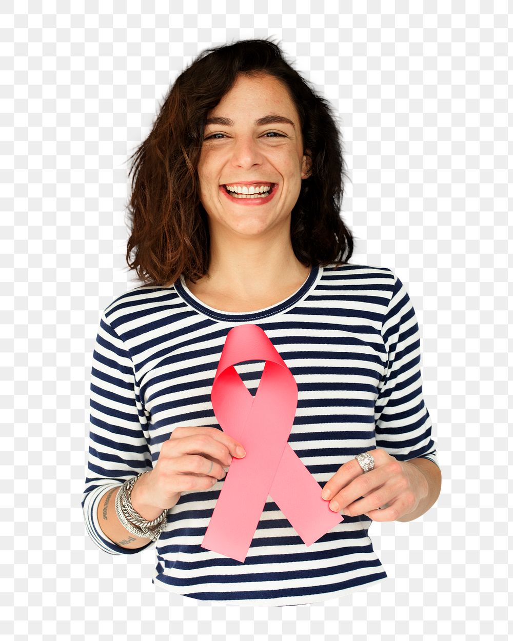 Woman png holding pink ribbon, cancer awareness campaign, transparent background