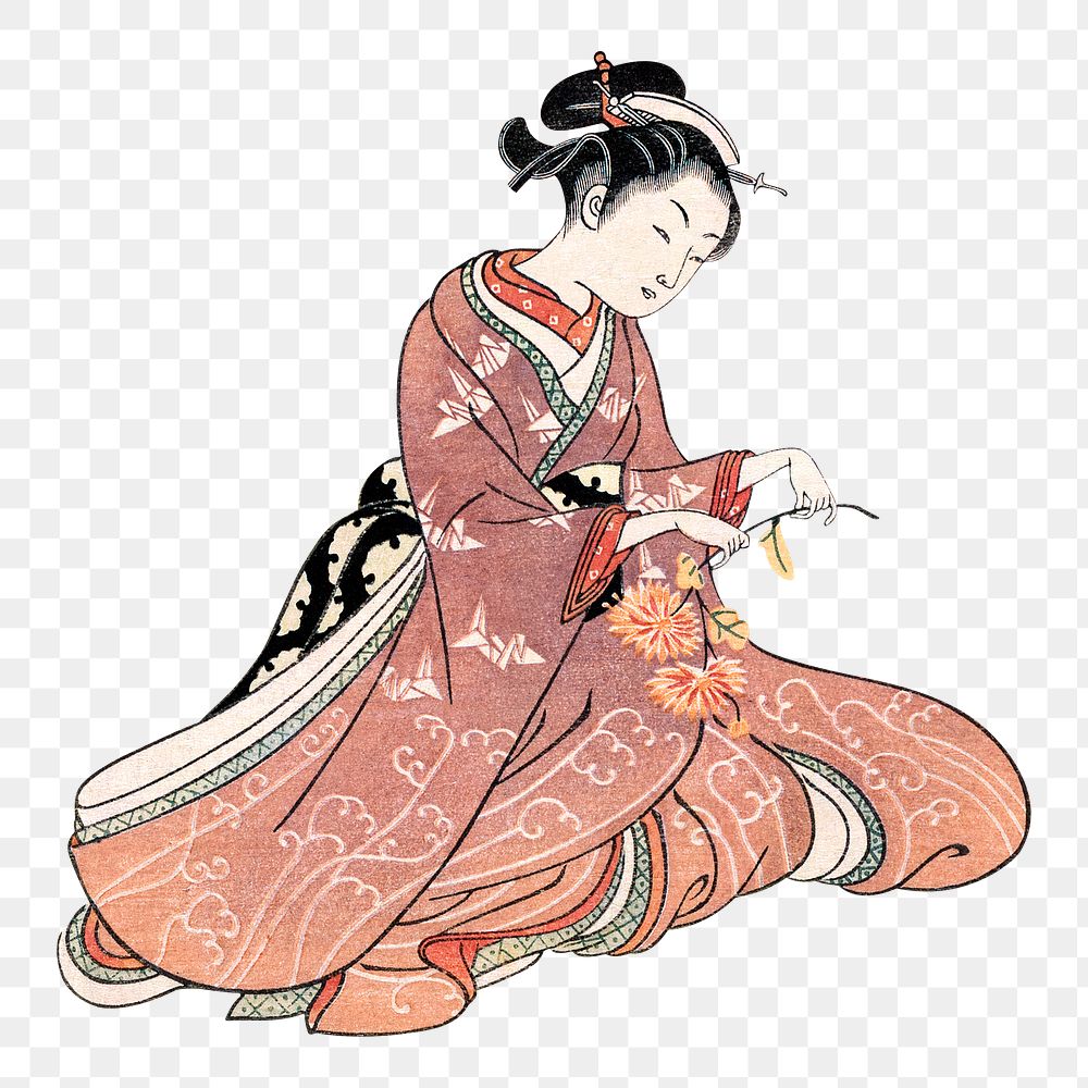 Japanese woman png picking chrysanthemum on transparent background.    Remastered by rawpixel. 