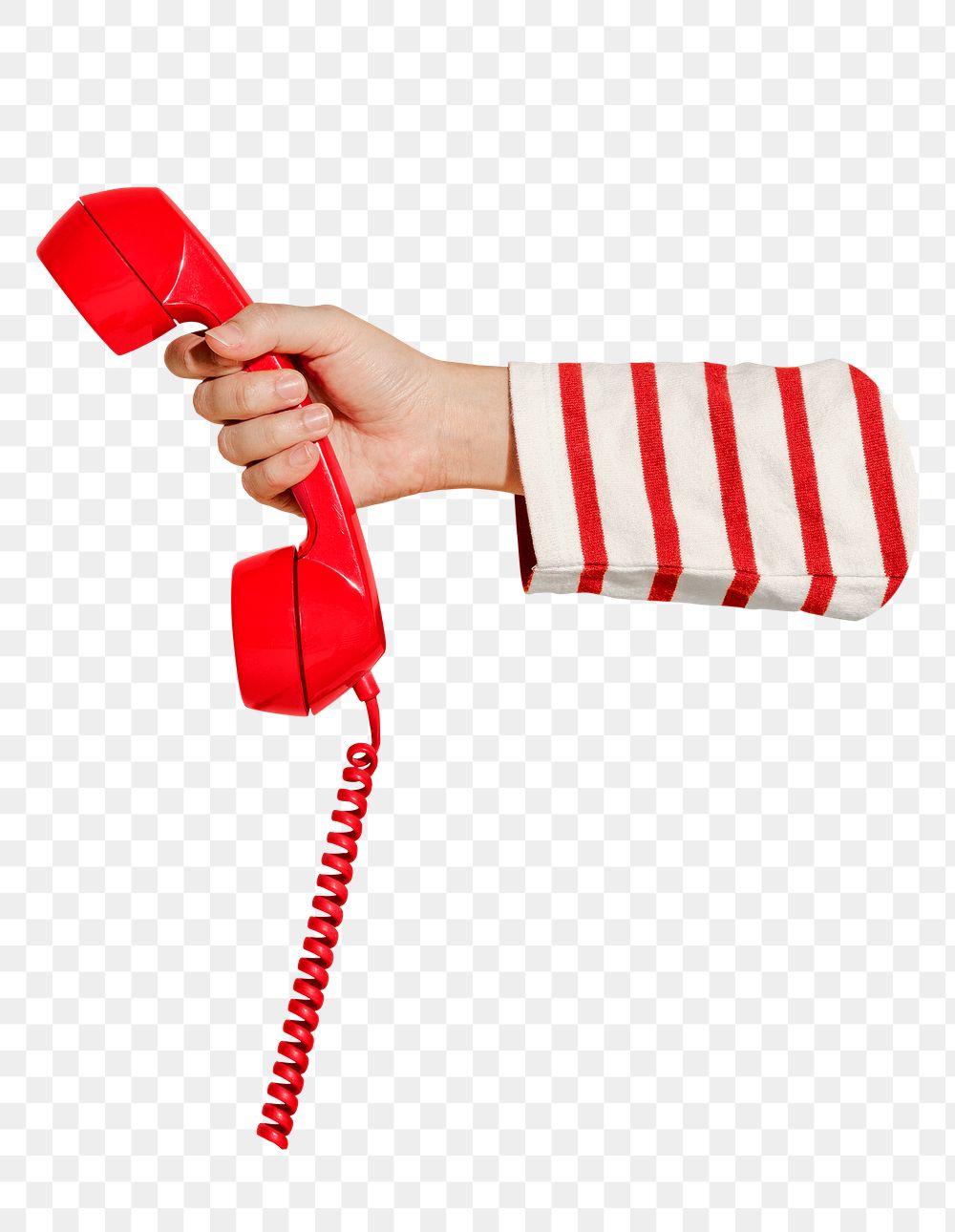 Png hand holding telephone sticker, transparent background