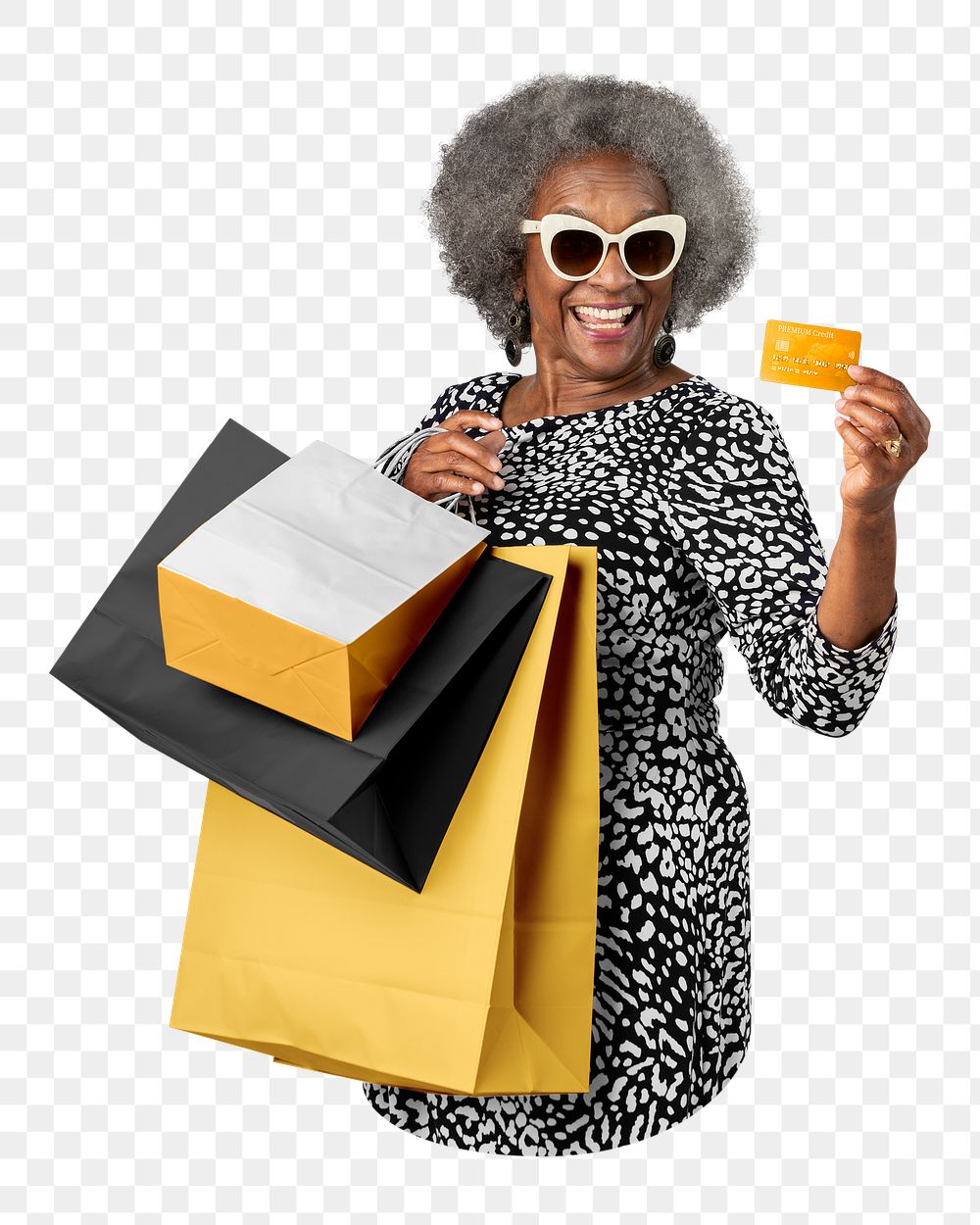 Png senior woman shopping sticker, transparent background