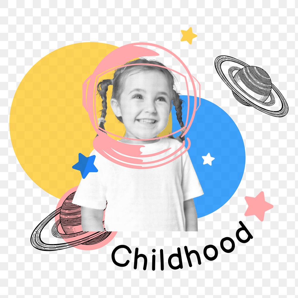 Childhood png word sticker, mixed media design, transparent background
