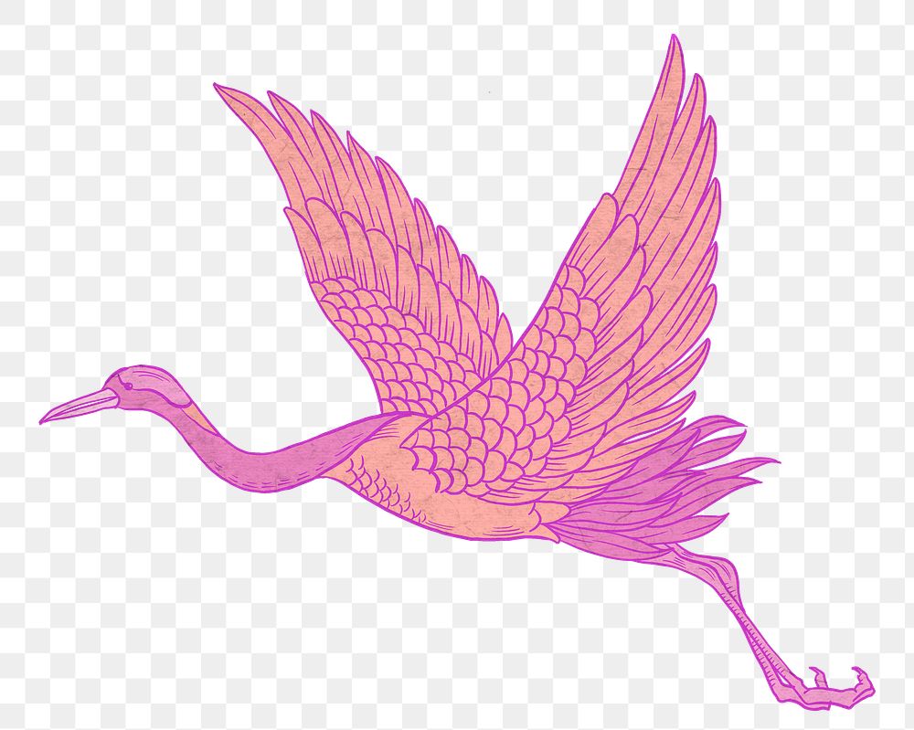 Pink flying crane png, Japanese animal illustration by Watanabe Shoka, transparent background