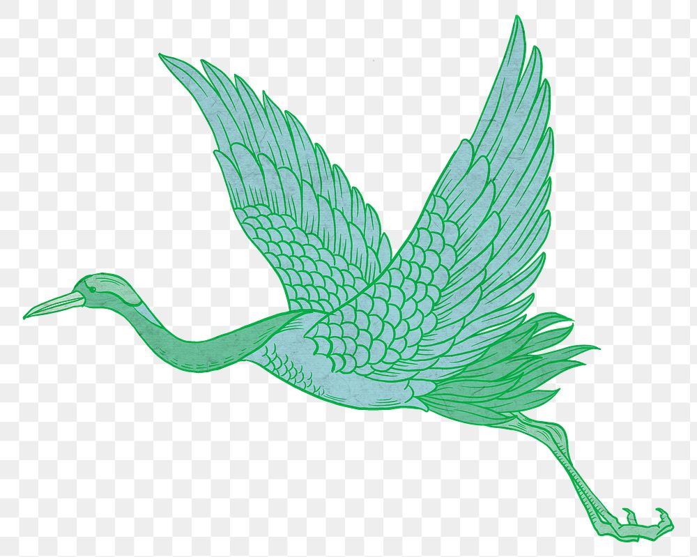 Green flying crane png, Japanese animal illustration by Watanabe Shoka, transparent background