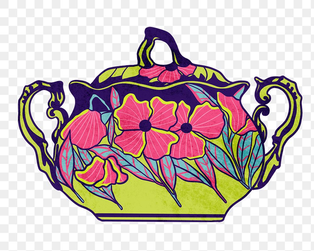 Floral teapot png sticker, vintage object illustration, transparent background