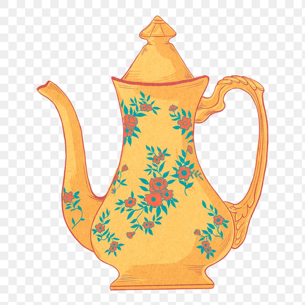 Floral teapot png sticker, vintage object illustration, transparent background
