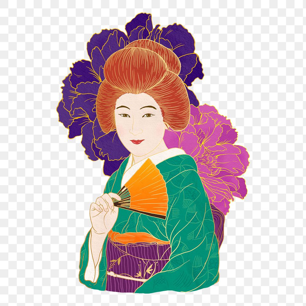 Vintage Japanese woman png, lifestyle sticker, transparent background