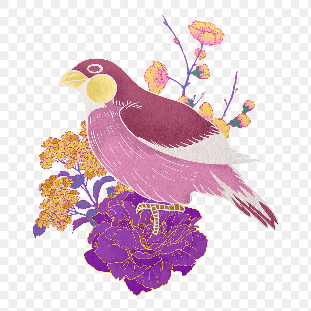 Oriental bird png, vintage flower illustration, transparent background