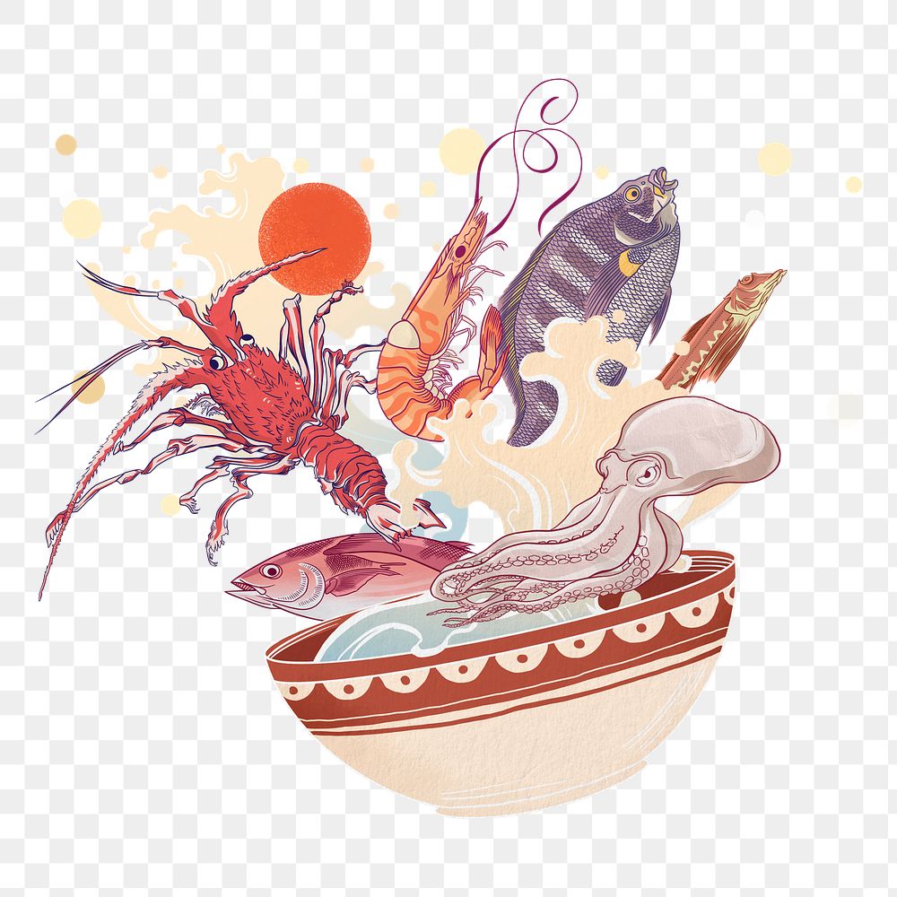 Seafood bowl splash png sticker, Japanese food illustration, transparent background