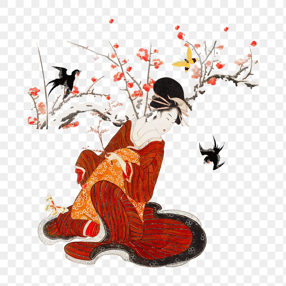 Vintage Japanese woman png, lifestyle sticker, transparent background