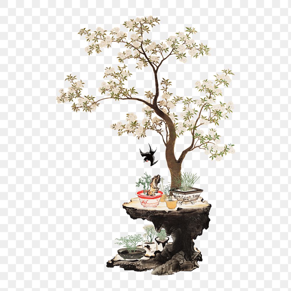 Vintage bonsai png Japanese ukiyo-e sticker, transparent background
