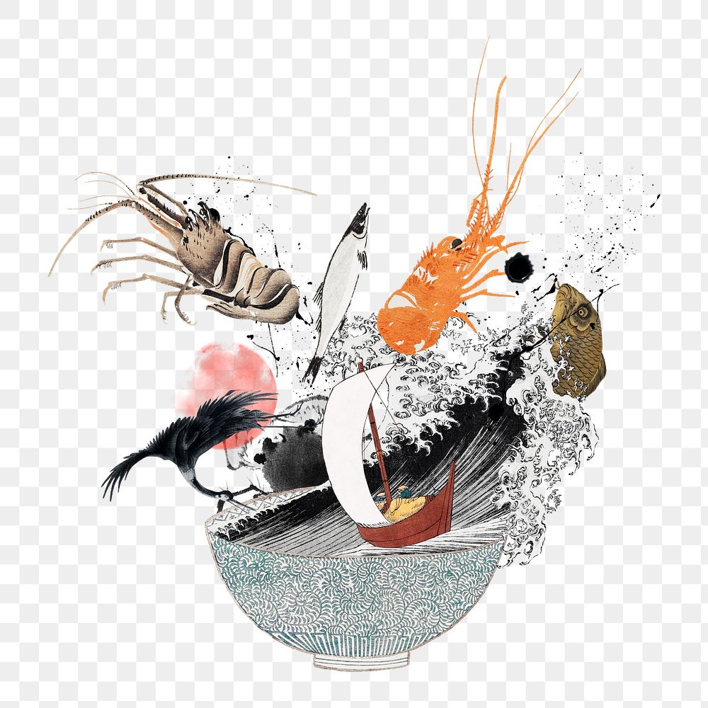 Seafood bowl splash png sticker, Japanese food illustration, transparent background