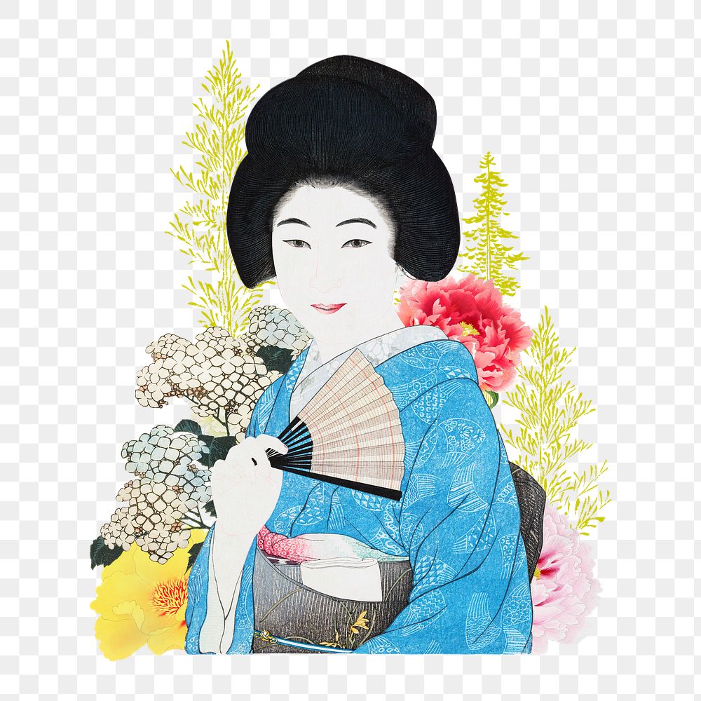 Vintage Japanese woman png, lifestyle sticker, transparent background