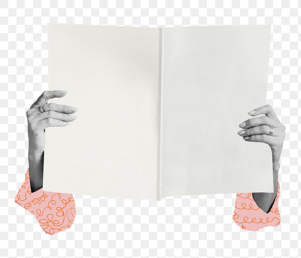 Hands holding png white book, transparent background