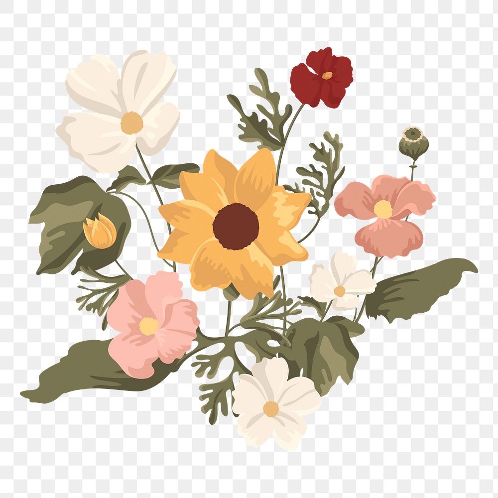 Colorful flowers png sticker, Spring botanical illustration, transparent background