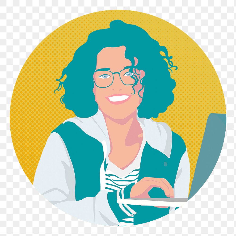 Happy woman working png laptop, badge illustration, transparent background