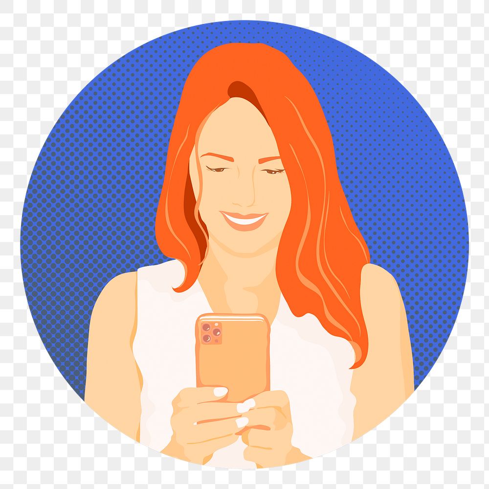 Cheerful woman texting png phone, badge illustration, transparent background