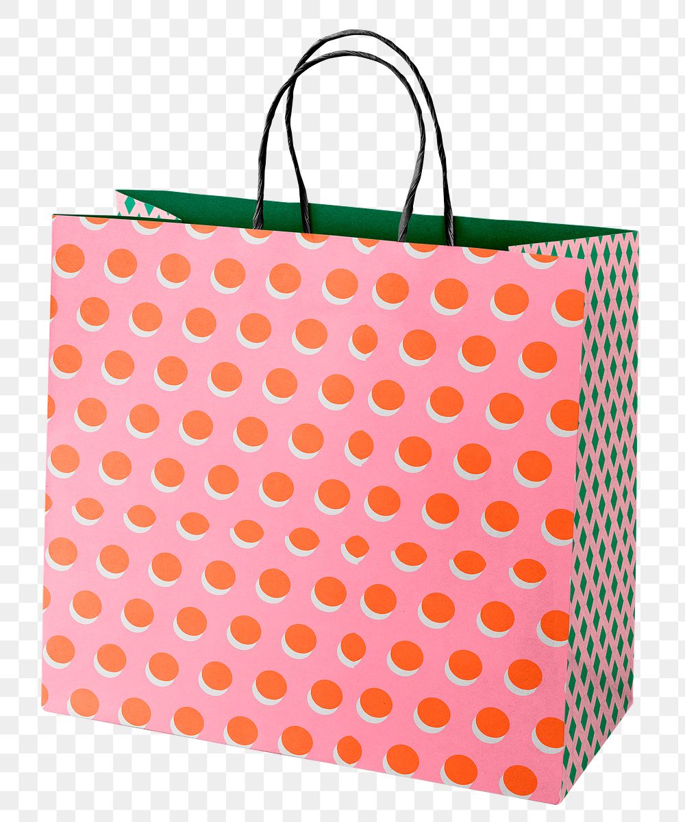 Pink shopping bag png sticker, dot pattern design, transparent background