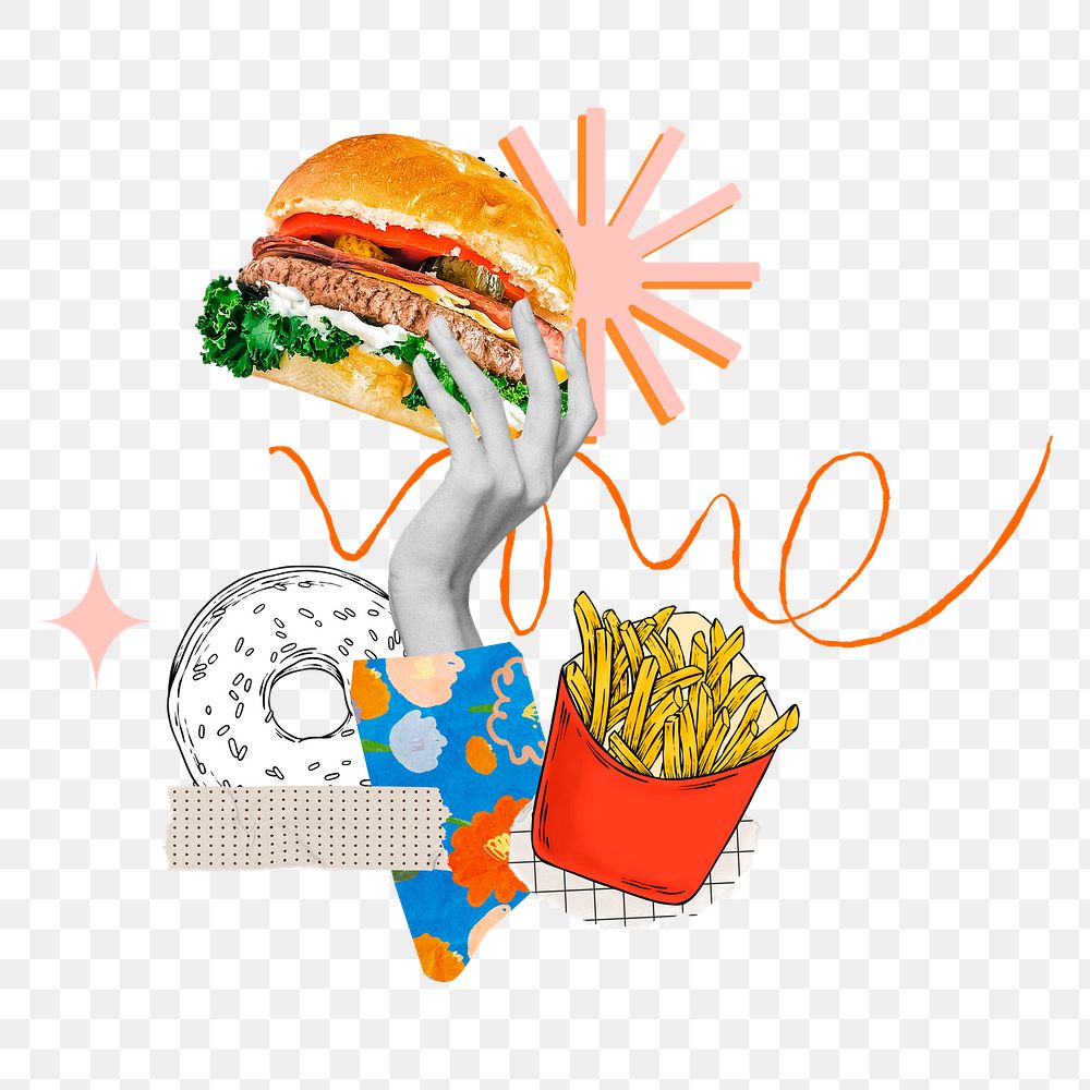 Cute fast food png sticker, hand holding burger remix, transparent background