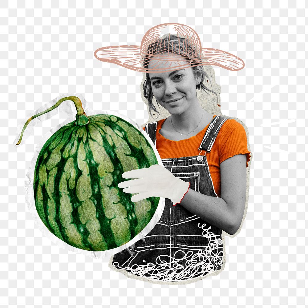 Png woman holding watermelon sticker, agriculture remix, transparent background