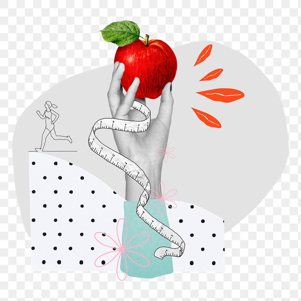 Healthy diet png sticker, hand holding apple remix, transparent background