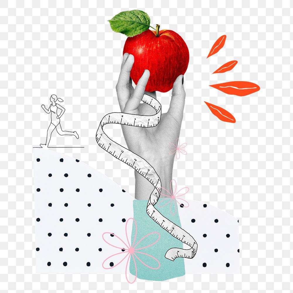 Healthy diet png sticker, hand holding apple remix, transparent background