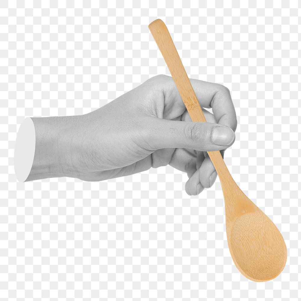Hand holding png wooden spoon sticker, transparent background