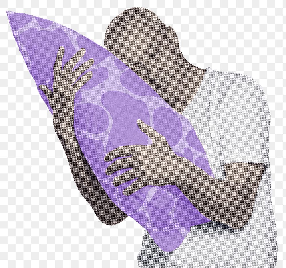 Png mature man hugging his pillow sticker, transparent background