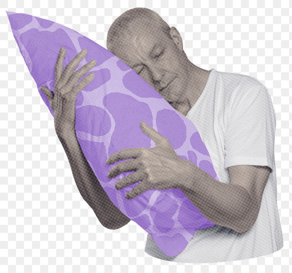Png mature man hugging his pillow sticker, transparent background
