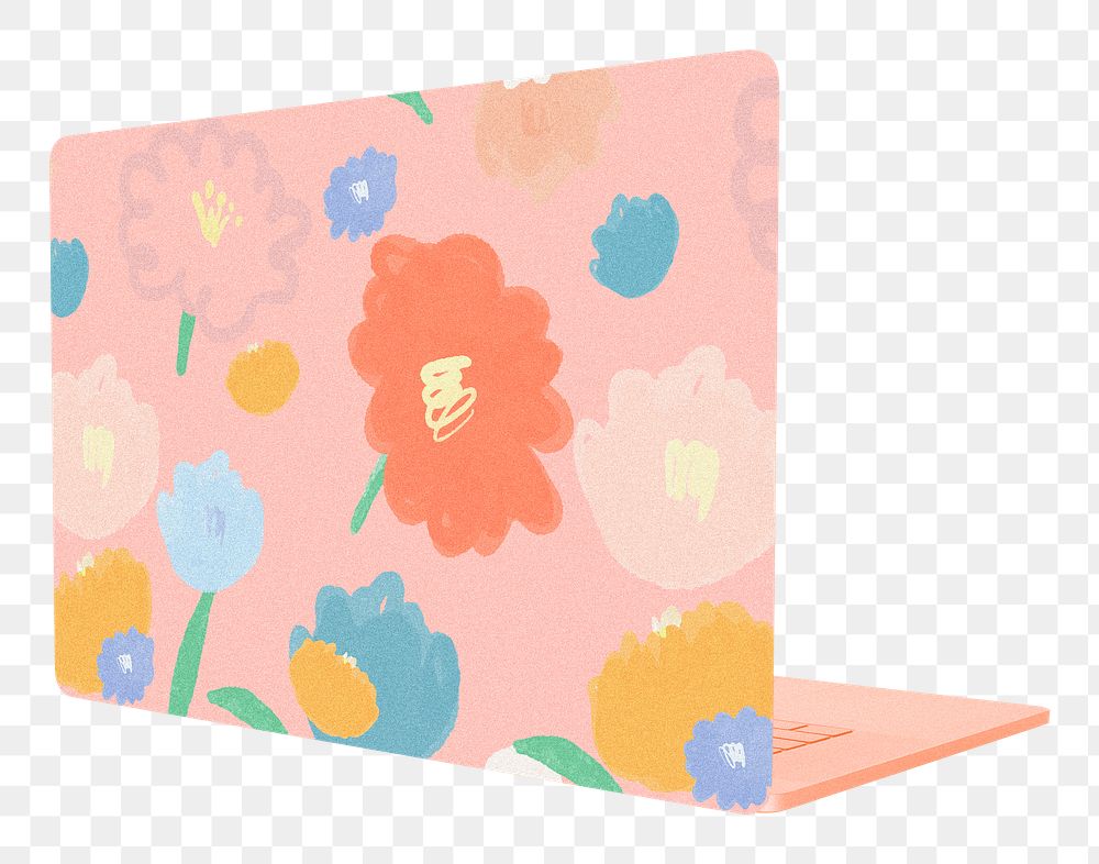 Floral laptop png sticker, cute digital device, transparent background