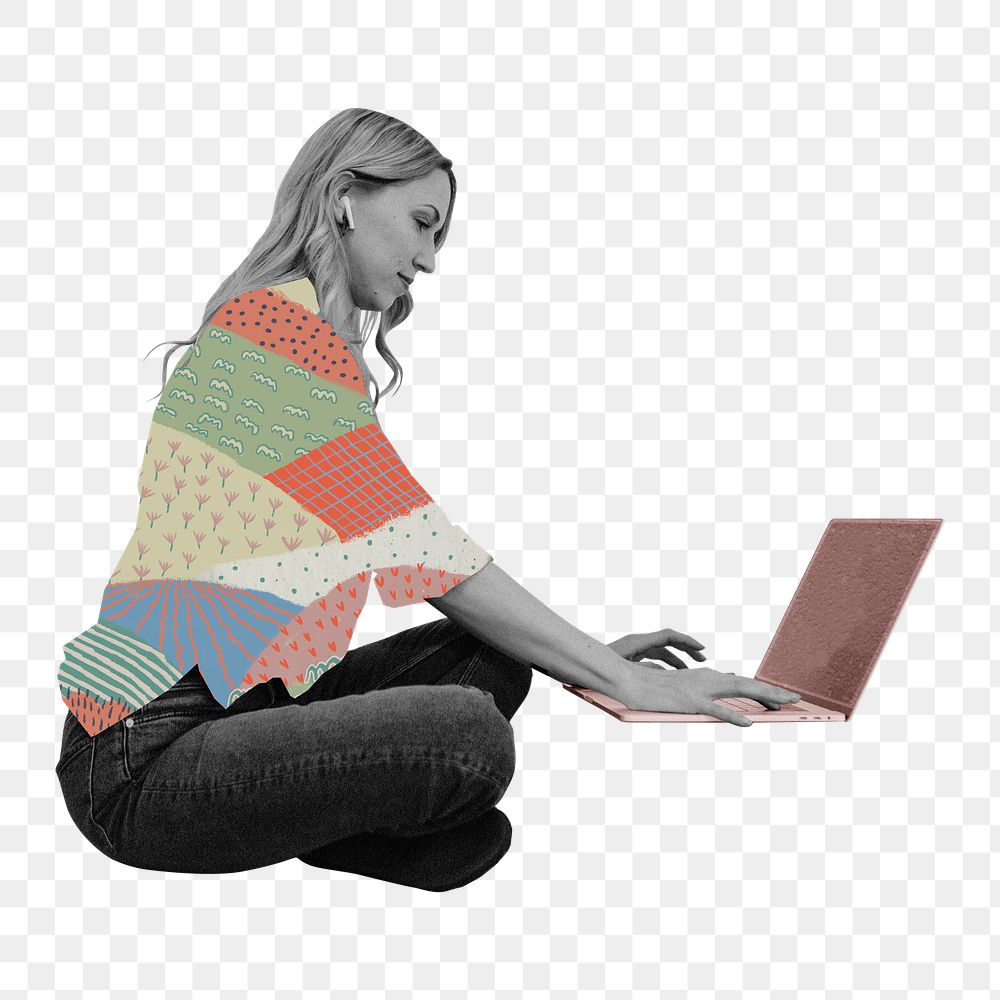Png woman working on laptop sticker, transparent background