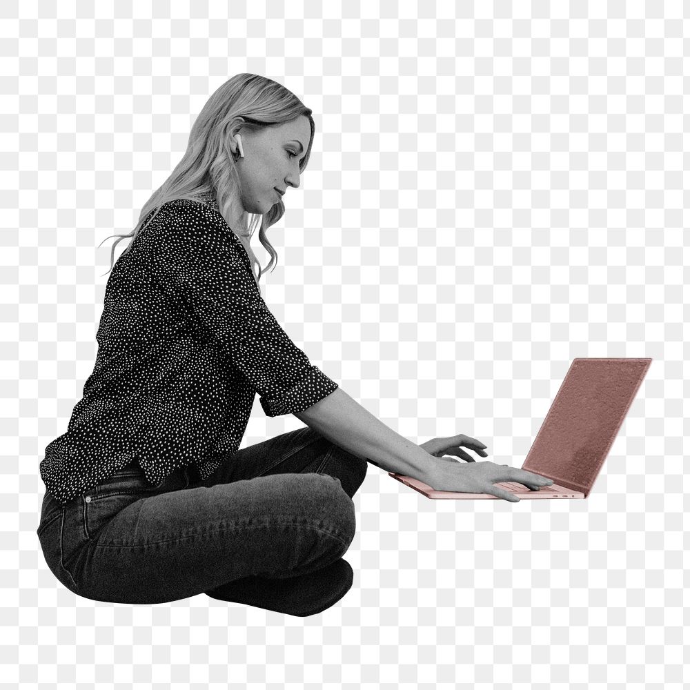 Png woman working on laptop sticker, transparent background