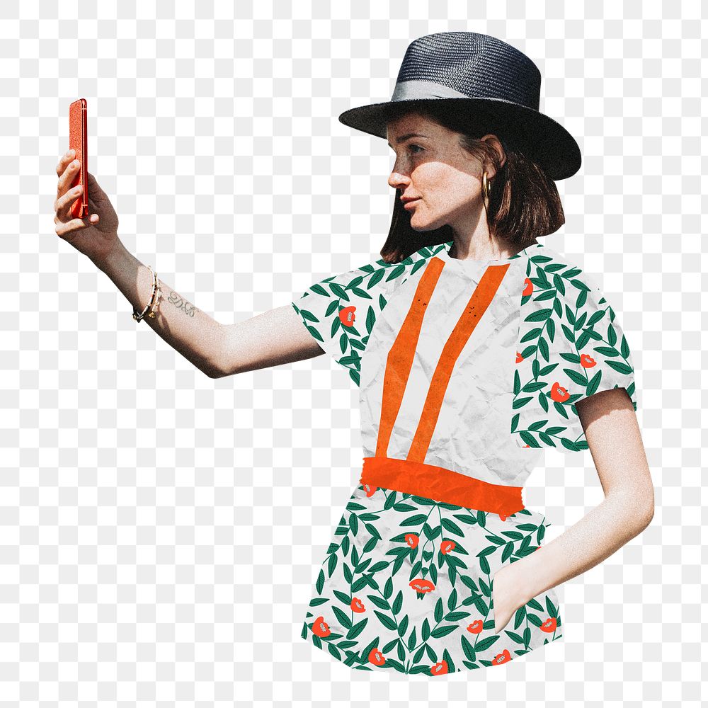 Png fashionable woman taking selfies sticker, transparent background