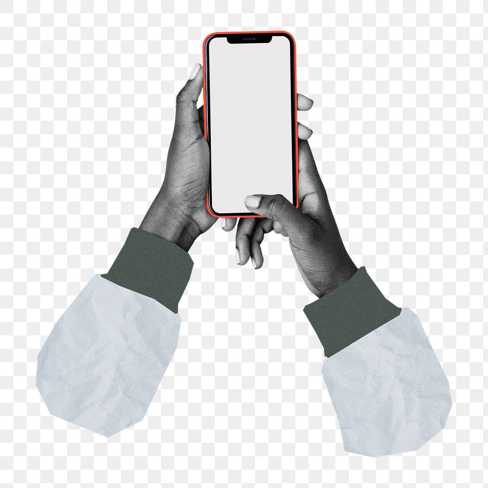 Png hands holding mobile phone sticker, transparent background