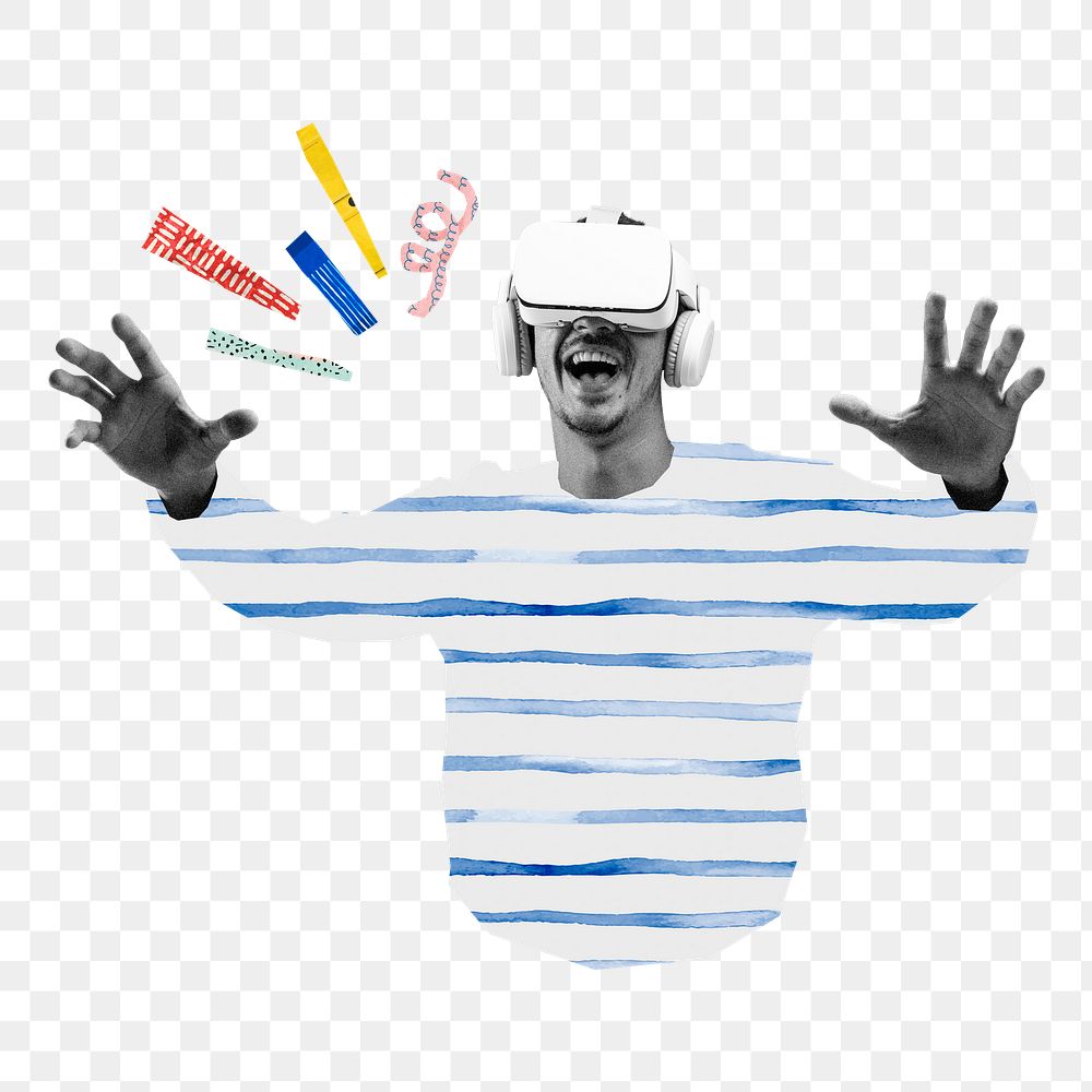 Png man wearing VR headset sticker, technology remix, transparent background