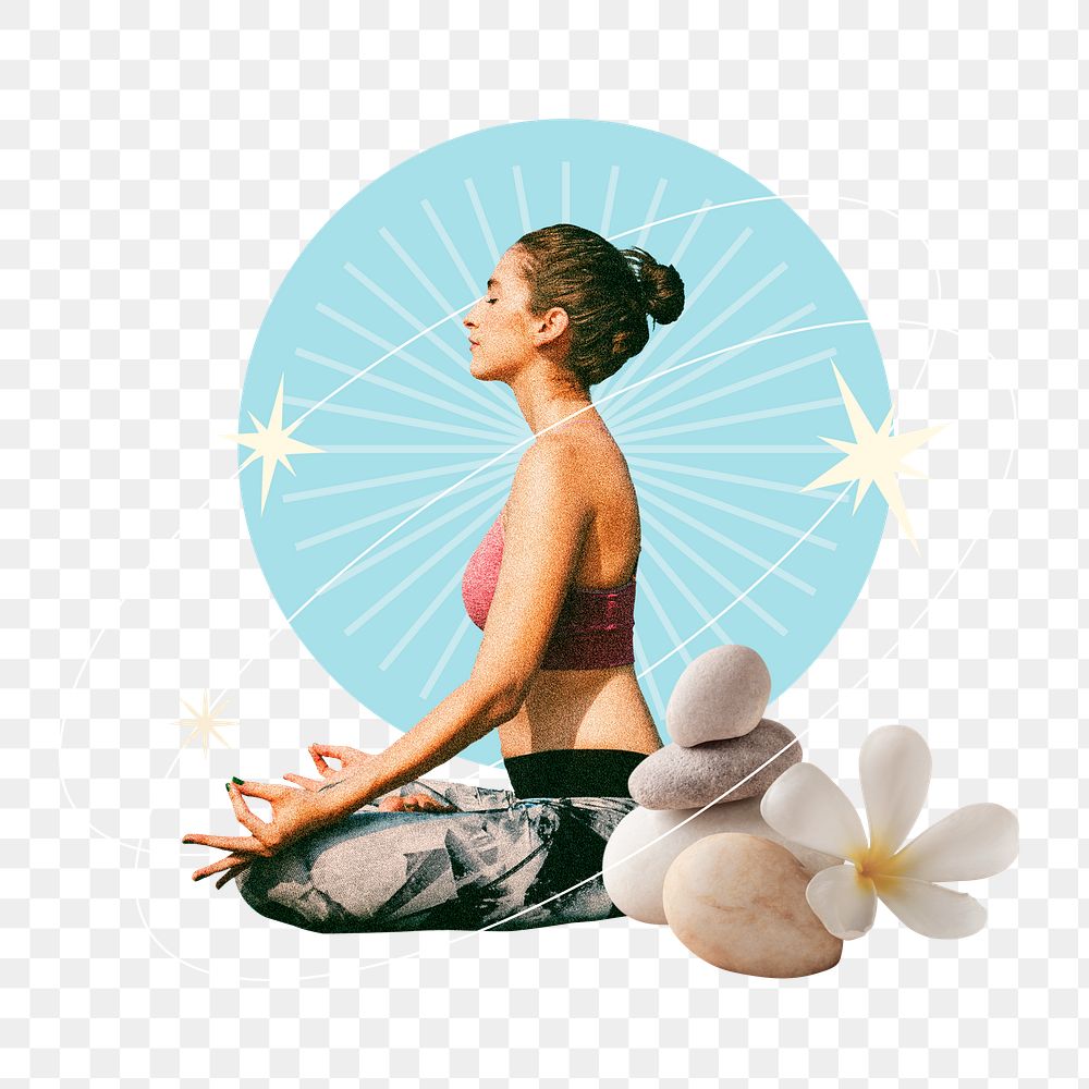 Woman meditating png sticker, health and wellness remix, transparent background