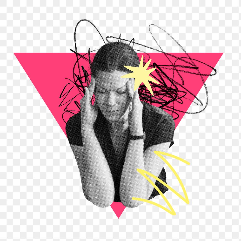 Woman rubbing temples png sticker, mental health remix, transparent background