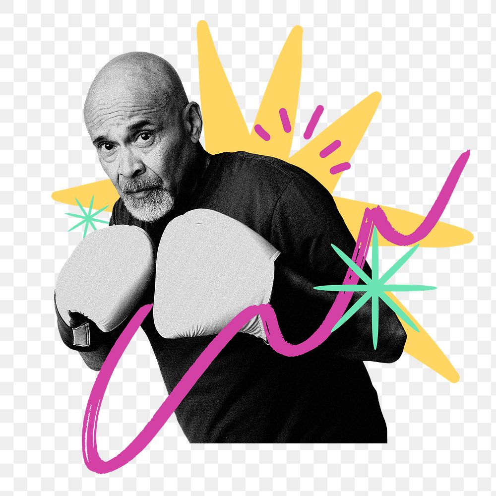 Png mature man wearing boxing gloves sticker, remix, transparent background