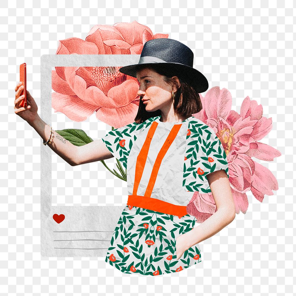 Woman taking selfies png sticker, social media remix, transparent background