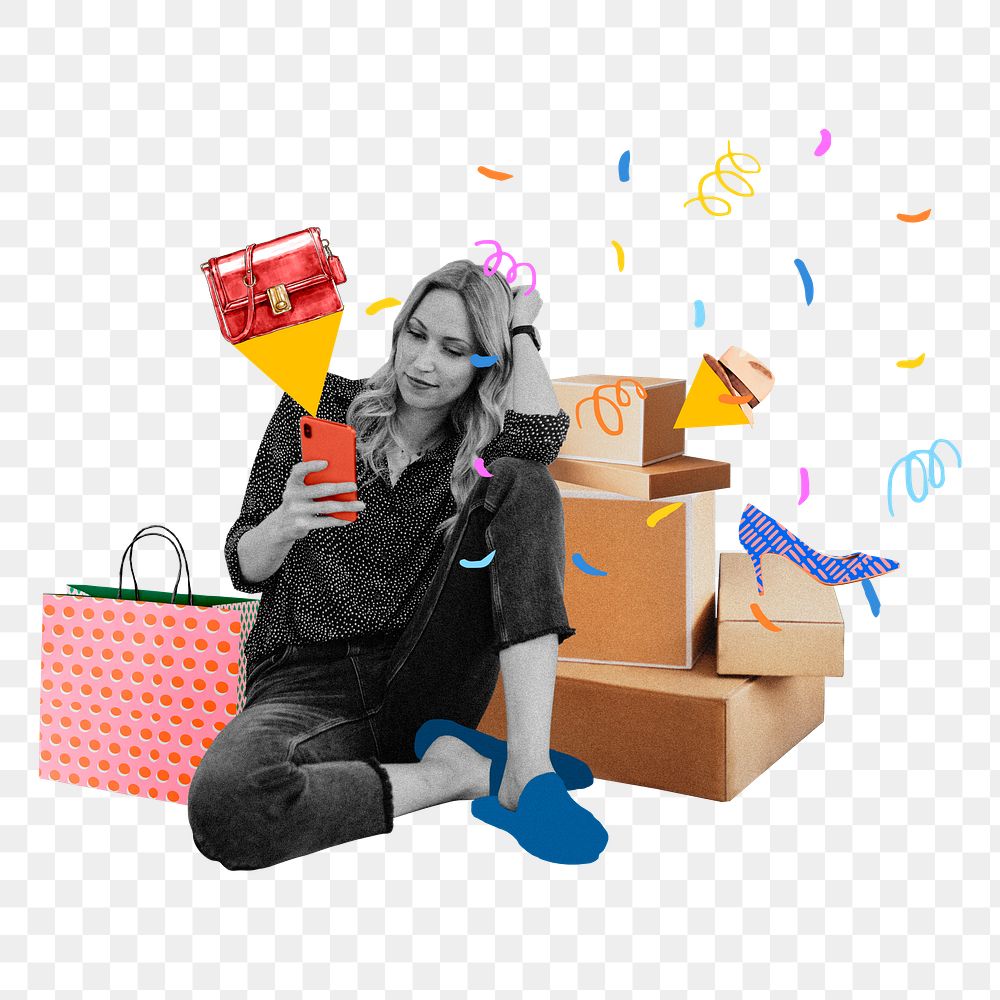 Woman shopaholic png sticker, online shopping remix, transparent background