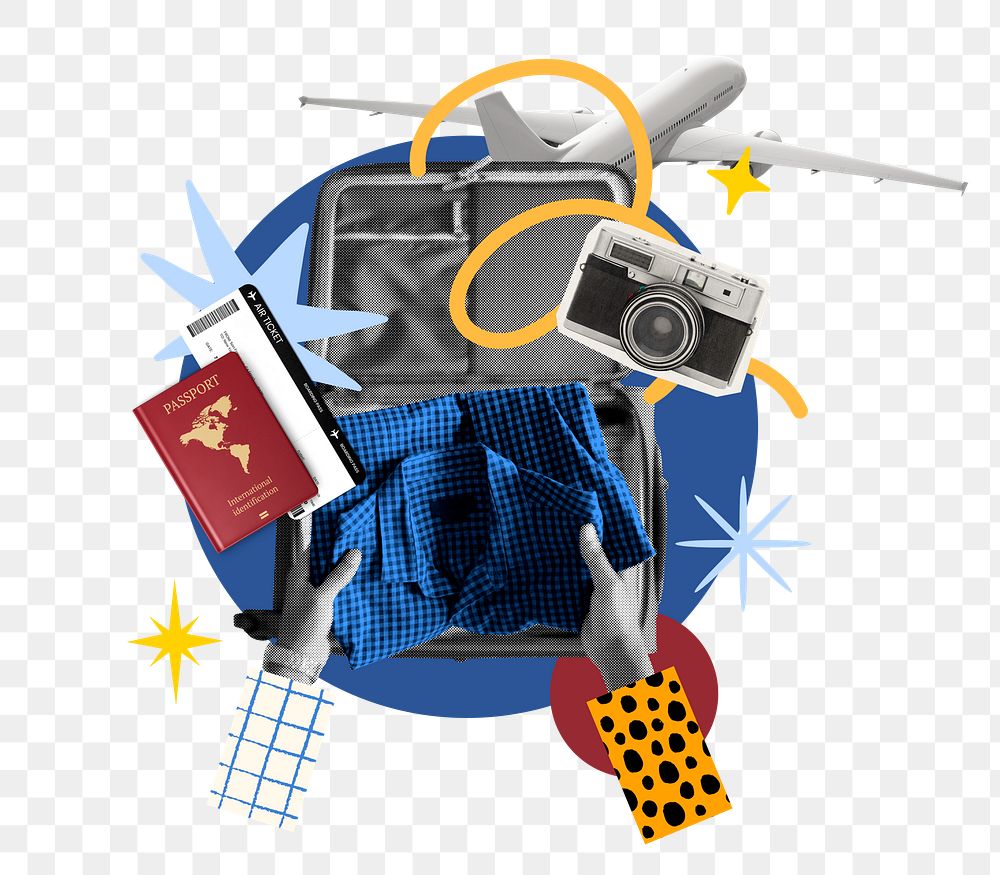 Travel luggage packing png sticker, creative remix, transparent background