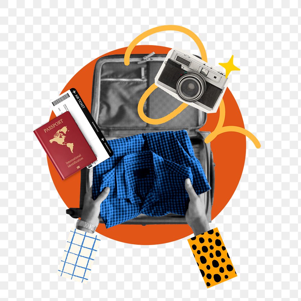 Travel luggage packing png sticker, creative remix, transparent background