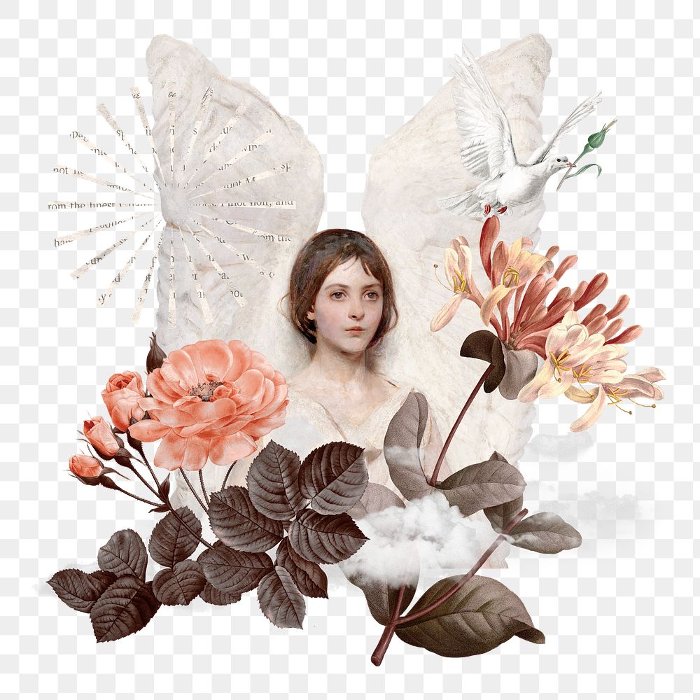 Vintage floral angel png ephemera sticker, transparent background