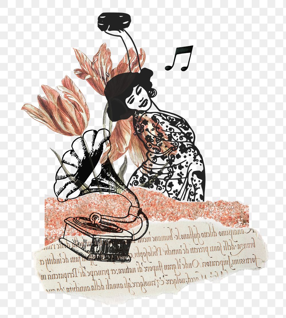 Music png ephemera woman sticker, transparent background