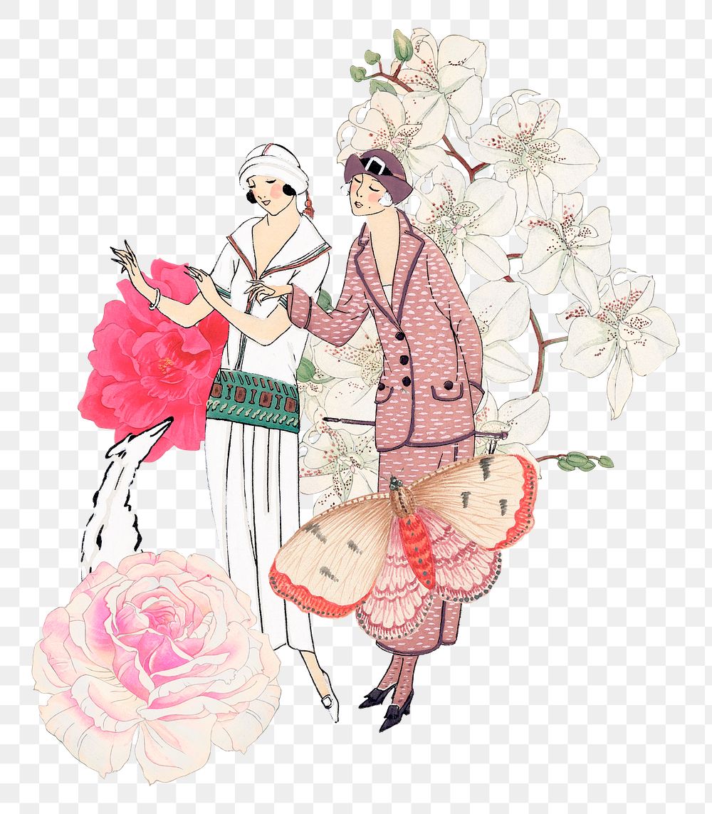 Floral ladies png ephemera sticker, transparent background